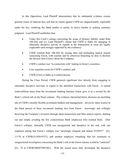 Lead Plaintiff's Opposition to CSFB MSJ 11/13/06 - The ENRON Fraud