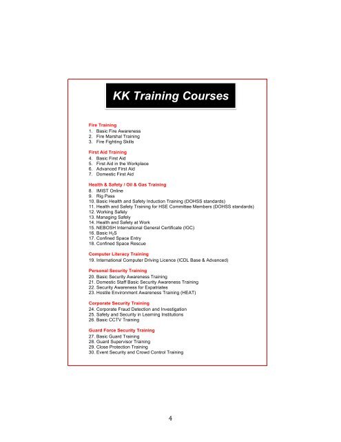 KK Training Catalogue in KSH
