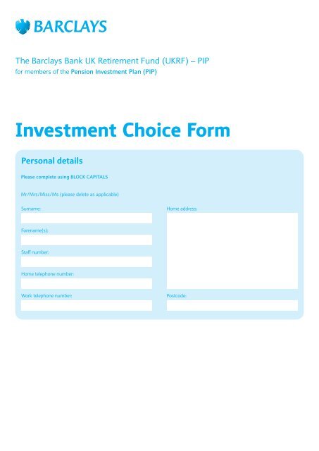 Investment Choice Form Barclays Pensions