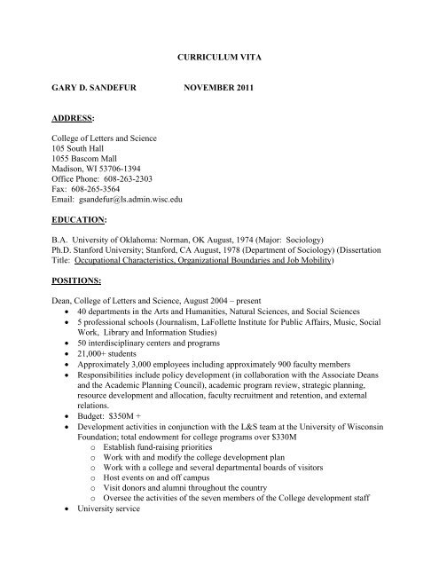 Dean Sandefur's CV - College of Letters and Science - University of ...