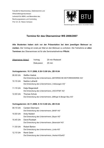 Termine für das Oberseminar WS 2006/2007