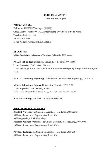 Curriculum Vitae - hcyuen@swk.cuhk.edu.hk - The Chinese ...