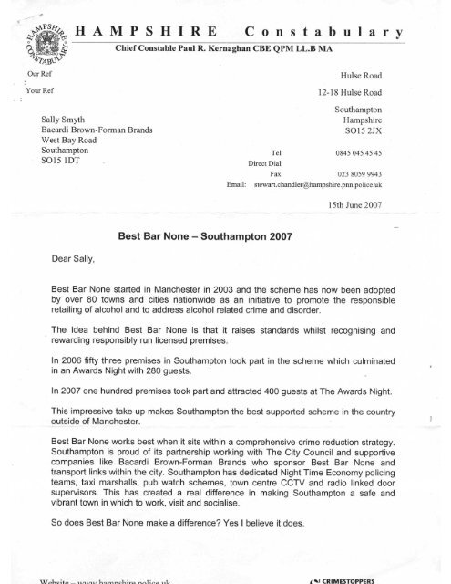 Letter from Hampshire police on BBN Southampton