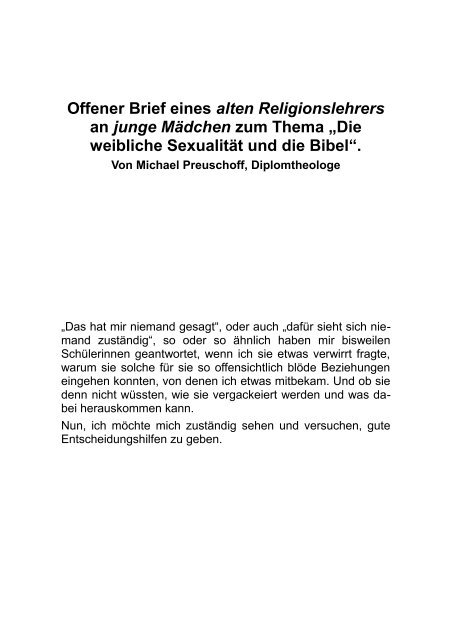 Offener Brief Eines Alten Religionslehrers An Junge Madchen Zum
