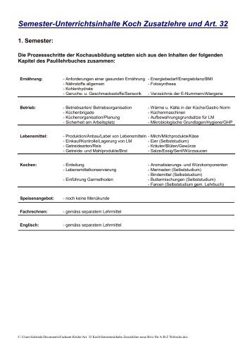 Semester-Unterrichtsinhalte Koch Zusatzlehre und Art. 32