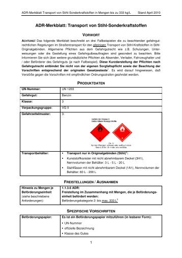 ADR-Merkblatt: Transport von Stihl-Sonderkraftstoffen