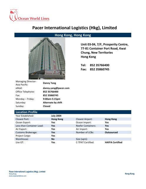 Pacer International Logistics (Hkg), Limited - Ocean World Lines