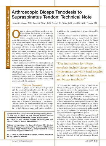 Arthroscopic Biceps Tenodesis to Supraspinatus Tendon: Technical ...