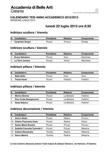 Calendario tesi luglio 2013 - Accademia Belle Arti di Catania