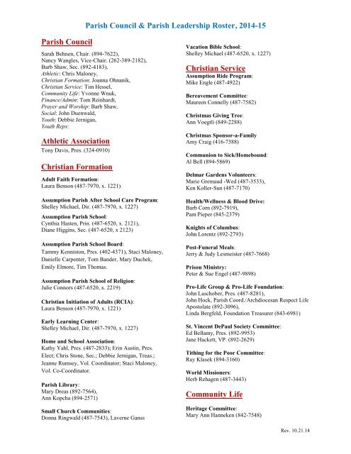 Parish Leadership Roster - Assumption Catholic Church