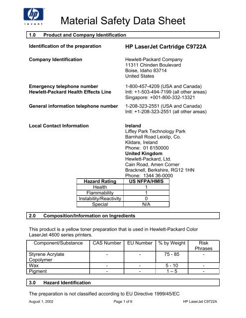 Laserjet Printer Cartridge Material Safety Data Sheet