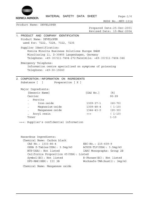 Material Safety Data Sheet Page 1 6 Msds No Mfp 1014