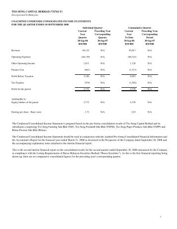 TEO SENG CAPITAL BERHAD (732762-T) The Condensed ...