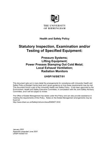 Statutory Inspection, Examination and/or Testing of Specified ...