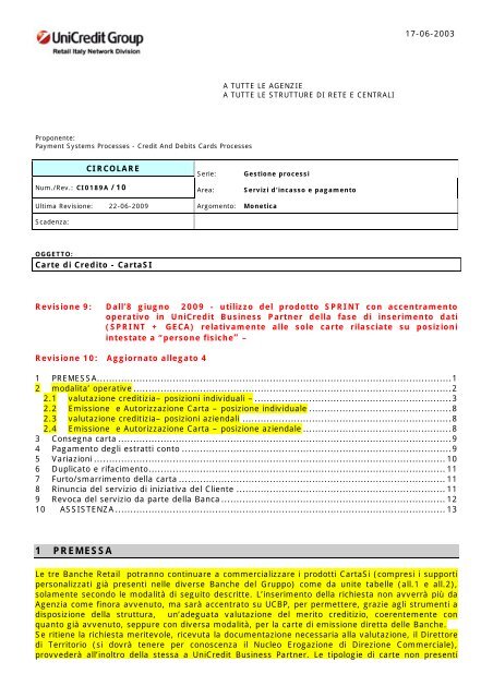 Carta SÃ¬ - Circolare CI0189a con relativi allegati - Aspenscrt.it