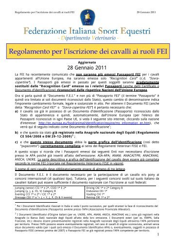 Regolamento Iscrizione cavalli ai ruoli FEI 2011 - FISE Toscana