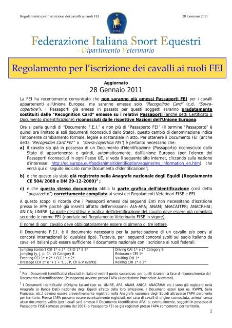 Regolamento Iscrizione cavalli ai ruoli FEI 2011 - FISE Toscana