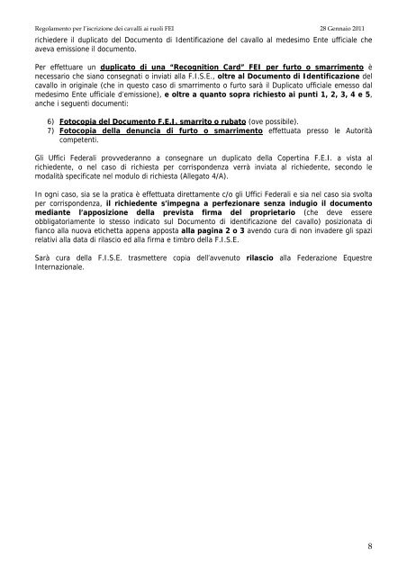 Regolamento Iscrizione cavalli ai ruoli FEI 2011 - FISE Toscana