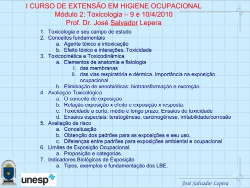 I CURSO DE EXTENSÃO EM HIGIENE OCUPACIONAL MÃ³dulo 2: Toxicologia ...