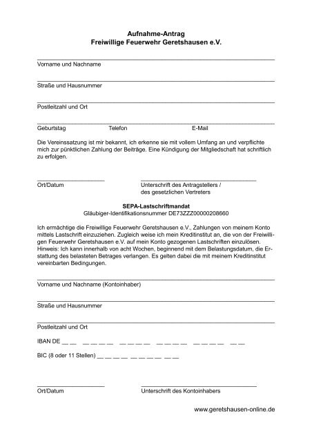 Aufnahme Antrag Freiwillige Feuerwehr Geretshausen E V Name