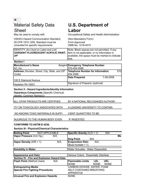 Material Safety Data Sheet U.S. Department of Labor - Sargent Art