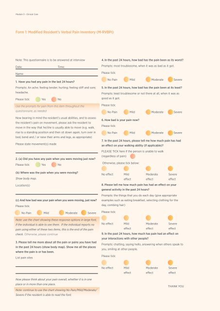 Form 1: Modified Resident's Verbal Pain Inventory (M ... - CareSearch