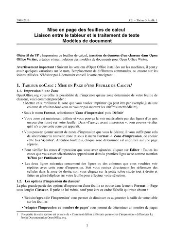 Mise en page des feuilles de calcul Liaison entre le tableur et le ...