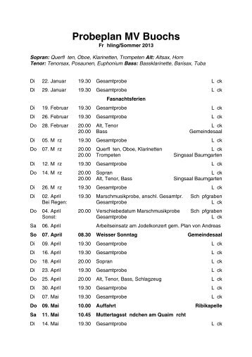 Probeplan MV Buochs - Musikverein Buochs