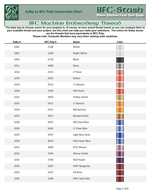 Sulky To Isacord Thread Conversion Chart