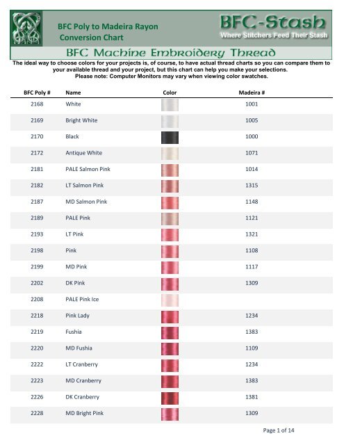 Madeira Rayon Thread Color Chart