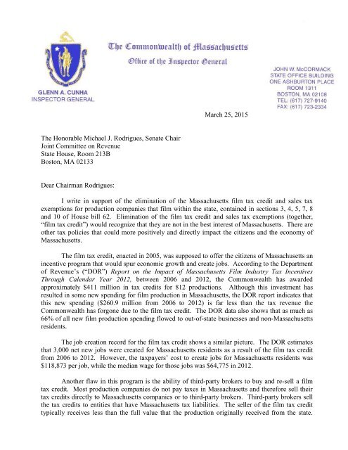 Film Tax Credit Letter To Chairmen Of Revenue Committee