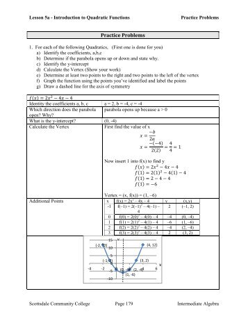 Intro to Quadratic Functions WS - Scottsdale Community College ...