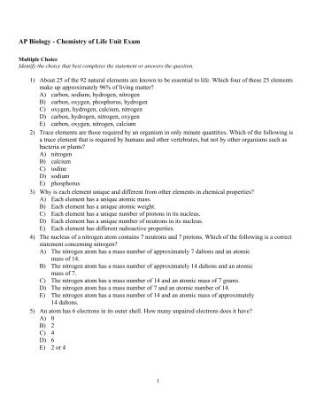 ExamView - 2011-2012 AP Chemistry of Life Unit Exam ... - AP Biology