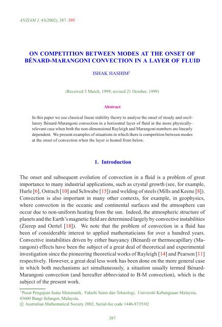 Benard-Marangoni convection in a layer of fluid - Australian ...