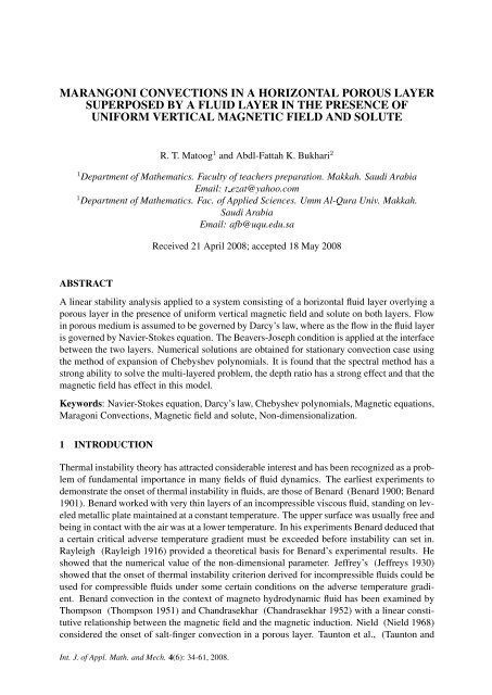 marangoni convections in a horizontal porous layer ... - IJAMM