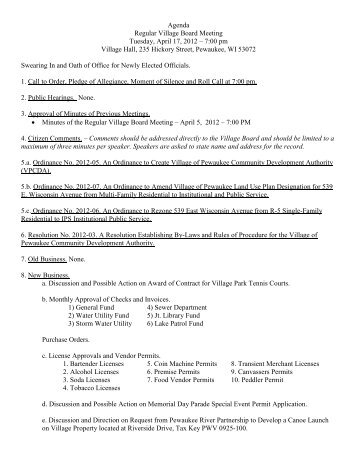 Agenda Regular Village Board Meeting Tuesday, April 17, 2012 â 7 ...