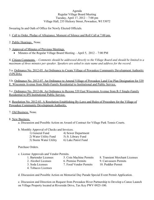 Agenda Regular Village Board Meeting Tuesday, April 17, 2012 â 7 ...