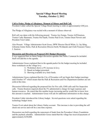 Special Village Board Meeting Tuesday, October 2, 2012 - Village ...