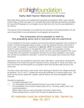 Kathy Beth Kantor Memorial Scholarship Application - Arts High ...