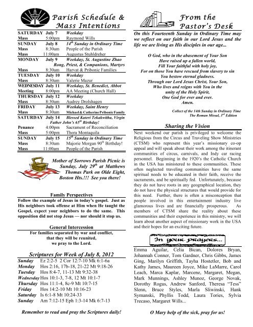 From The Pastor S Desk Parish Schedule Mass Intentions