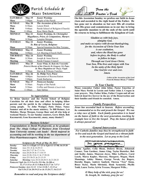 From The Pastor S Desk Parish Schedule Mass Intentions