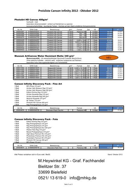 Preisliste Canson Infinity Medien - M. Heywinkel KG