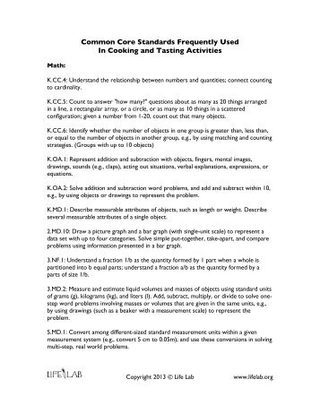 Common Core Standards Frequently Used In Cooking ... - Life Lab
