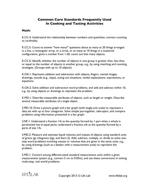 Common Core Standards Frequently Used In Cooking ... - Life Lab