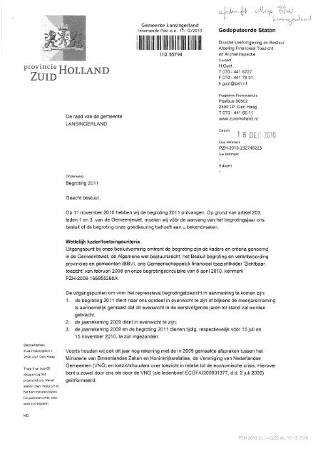 Brief van Provincie Zuid-Holland over begroting ... - PolitiekActief.Net