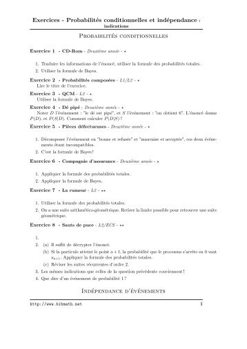 Exercices - ProbabilitÃ©s conditionnelles et indÃ©pendance ... - Bibmath