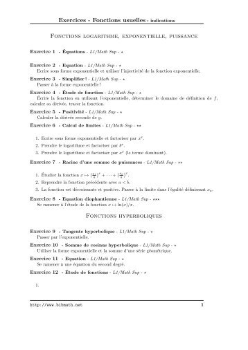 Exercices - Fonctions usuelles : indications Fonctions ... - Bibmath