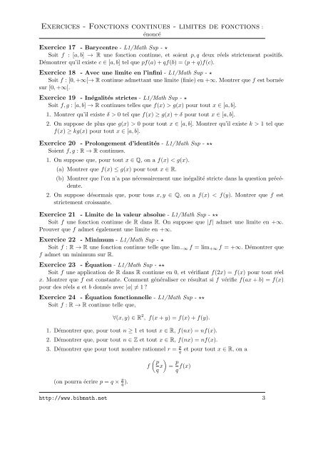 Exercices - Fonctions continues - limites de fonctions ... - Bibmath