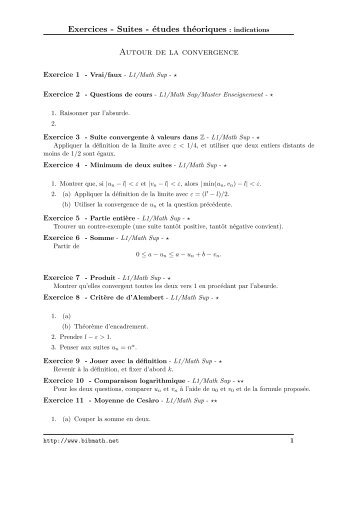 Exercices - Suites - Ã©tudes thÃ©oriques : indications Autour ... - Bibmath