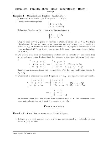 Exercices - Familles libres - liÃ©es - gÃ©nÃ©ratrices - Bases ... - Bibmath